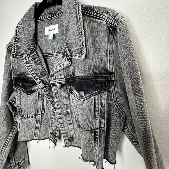 Frame Stonewashed Gray Faded & Distressed Crop Jacket Front Button Raw Hem S - Picture 7 of 16